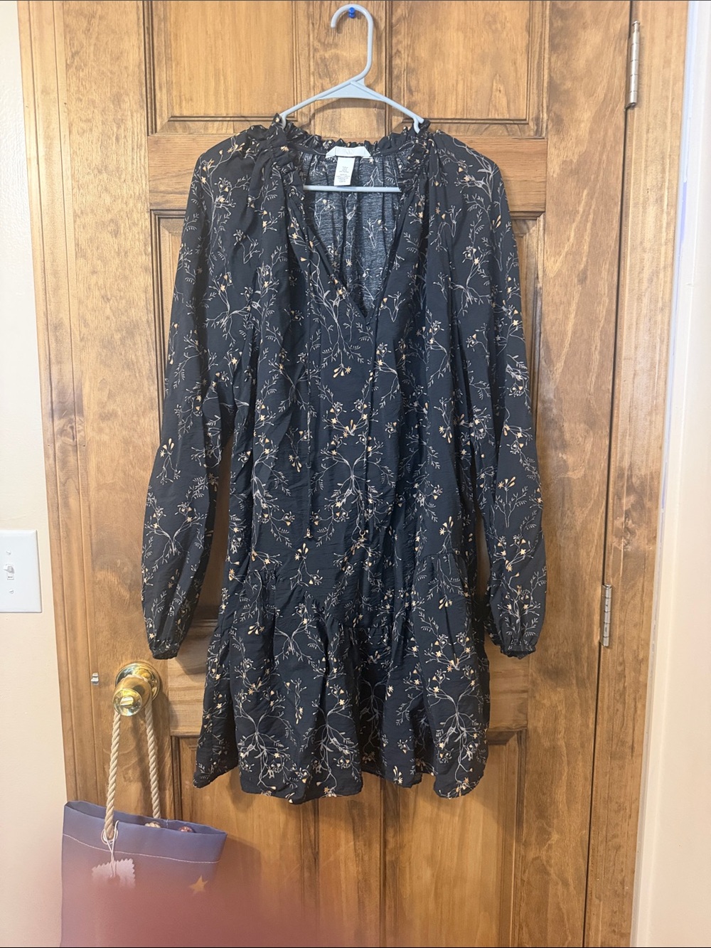 H&M Black Floral Long-Sleeve Ruffle Mini Dress